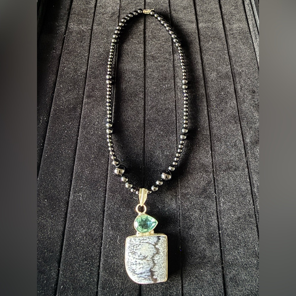 Jay King 925 Kingman collection Blue Topaz w/ black onyx necklace & silver frame
